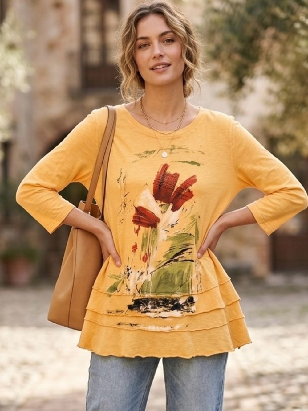 Jess & Jane Mineral Wash Cotton Tiered Hem Floral Tunic Top Yellow Large L USA